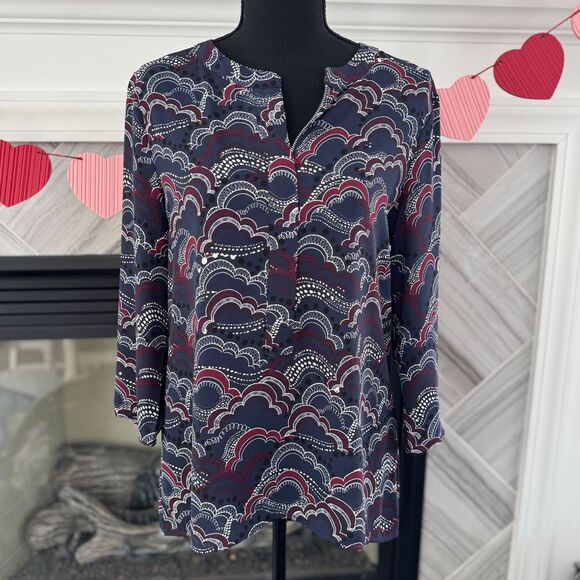 Express Blouse Long Sleeve Pullover Top Casual Navy Red Size M - Picture 1 of 2